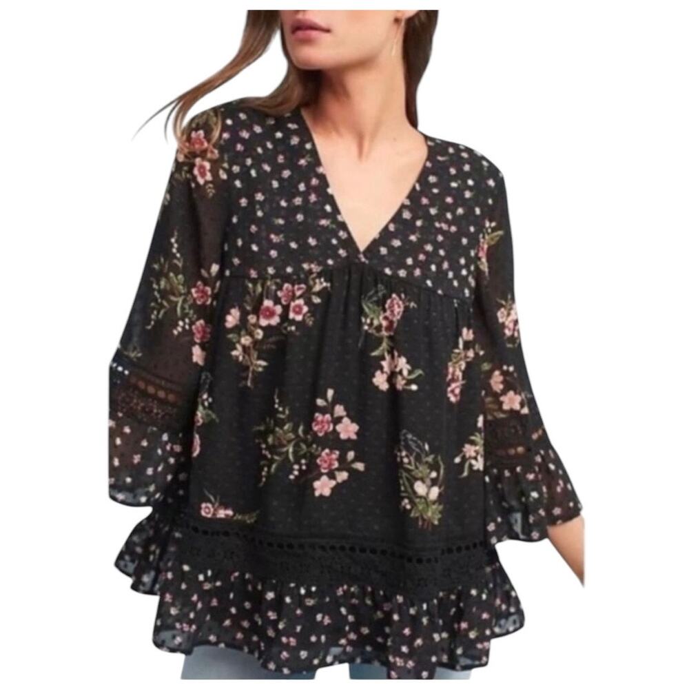 Anthropologie Maeve Steffy Floral Bohemian Babydoll Black Ruffled Lightweight